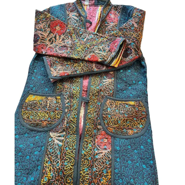 Quilted Embroidered Jacket Boho Artisan Coat Multicolor Statement Piece Multiple Size M - Image 4