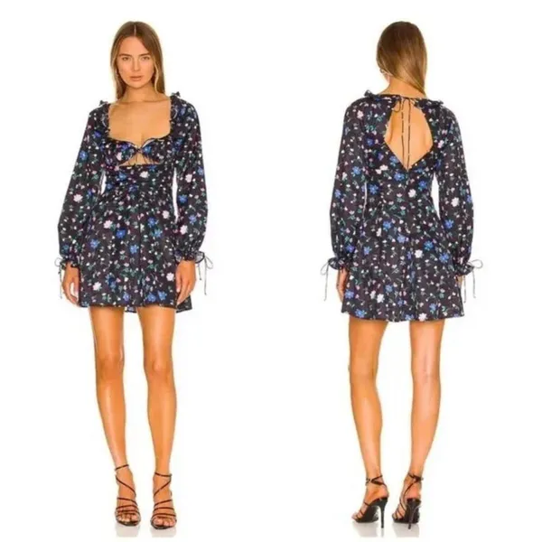 New For Love and Lemons Lexy Black Floral Long Sleeve Dress Size XS - Image 2