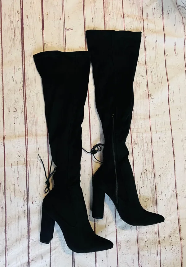 Ivona Stretch Over The Knee Boots Black Faux Suede Tie Detail 4” Heel - Image 5