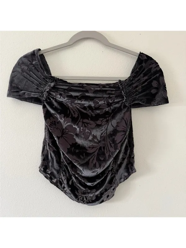 Free People Joni Black Off the Shoulder Whimsical Velour burnout top size medium - Image 2