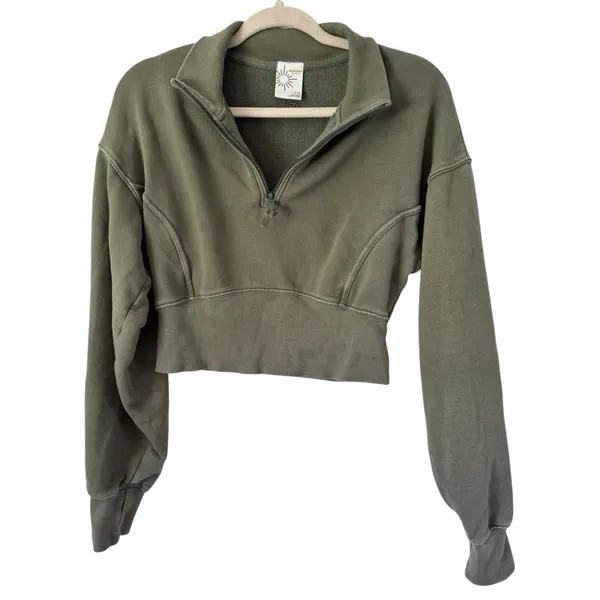Aerie Offline Army Green Cropped 1/4 Zip Pullover Sweatshirt Women’s Size Medium - Image 2