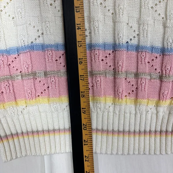 Keneth too! Vtg 80s‎ Knit Top Pastel Striped Pointelle Retro Grandma Cottage S - Image 7
