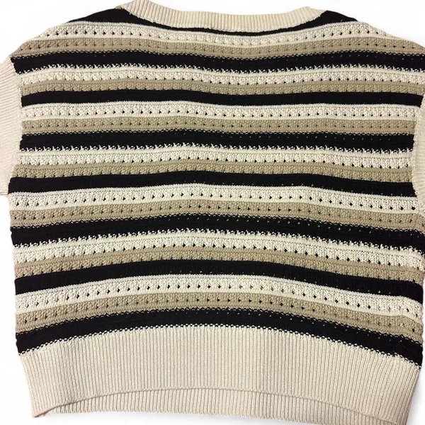 Ann Taylor Striped Crewneck Sweater in Black & Cream with Taupe Accents Sz M - Image 3