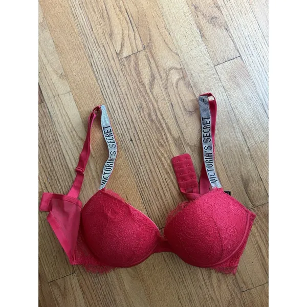 Victorias Secrets Very Sexy Embellished Strap Push-Up Bra 34D Red‎ Diamonds - Image 2