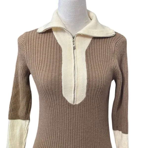 Long Sleeve Sweater Color Block Contrast Quarter Zip Drop Shoulder Beige Brown M - Image 2