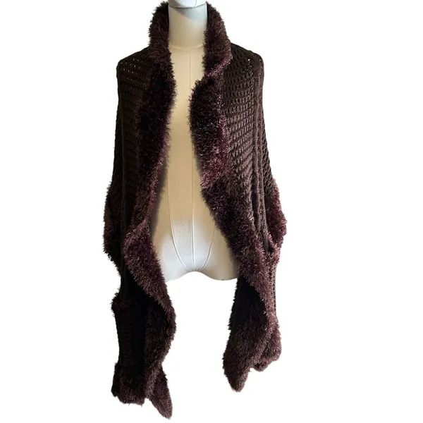 Scarf Shawl Wrap w/ Faux Fur Edging and Pockets Brown Knit CTF Choose the Future - Image 2