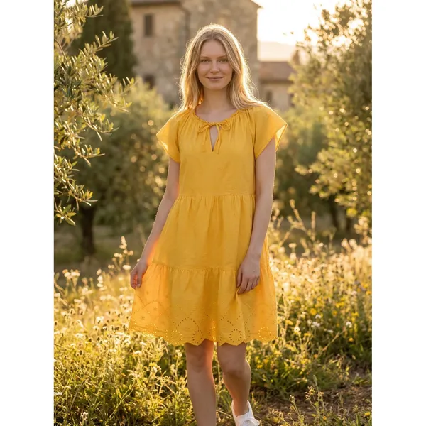 LOFT Yellow Eyelet‎ Tiered Mini Dress Womens Medium Tie Neck Flutter Sleeve - Image 2