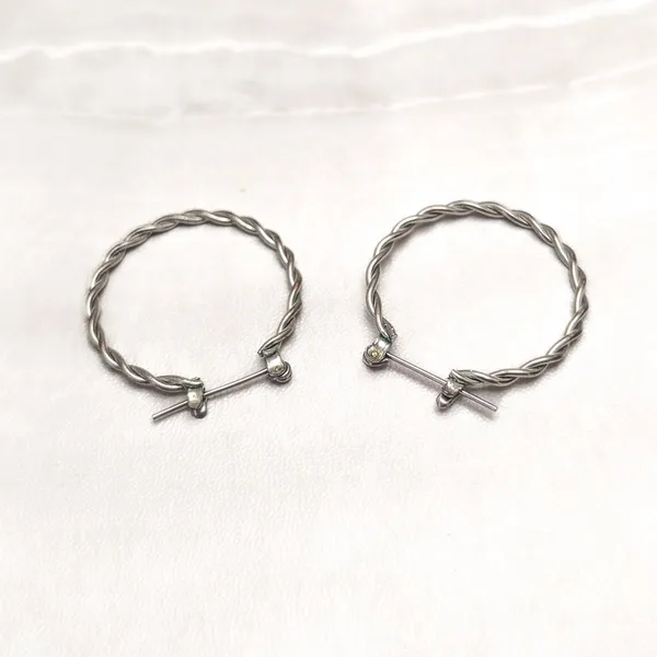 Vintage Stud Earrings Silver Tone Hoops Twisted Hoop Design Large 1 & 1/8" - Image 2
