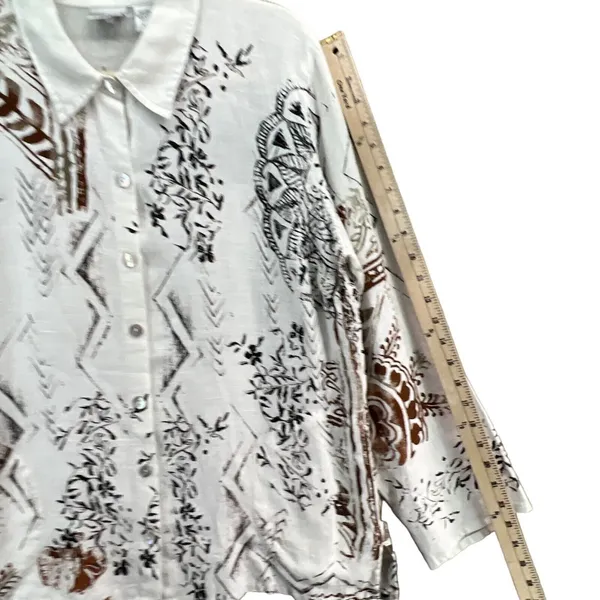 Chicos Shirt‎ Womens US L 2 White Black Floral Linen Shacket Art To Wear Blouse - Image 8