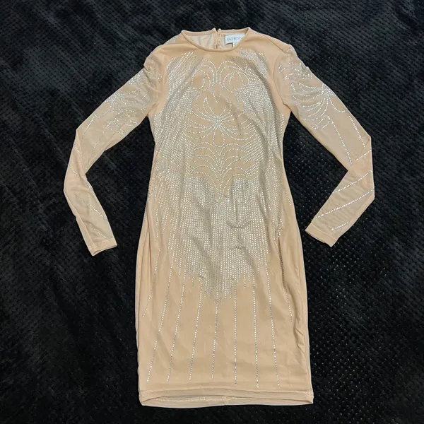 Rhinestone Open Back Mini Dress Slim Fit Mock Neck Backless Long Sleeve Tan Dress Party Dress Prom Wedding - Image 7