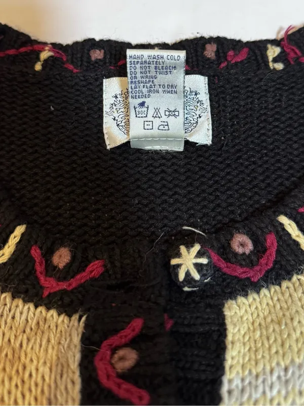Stitches Patchwork Cardigan Embroidered Floral Boho Cottagecore Knit Sweater L - Image 6