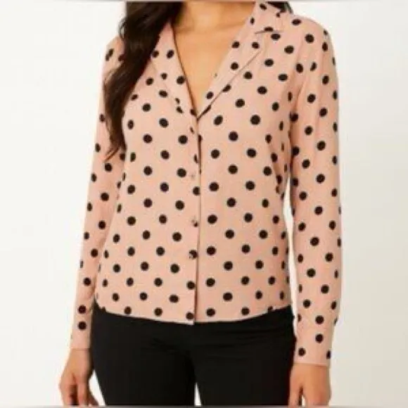Reformation Polka Dot Button-Up Blouse Cropped Long Sleeve Size Small Pink Black - Image 4