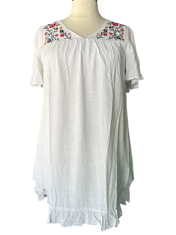 New!Cotton Lined White Gauze V-Neck Embroidered Floral Babydoll Dress Size 2X - Image 7