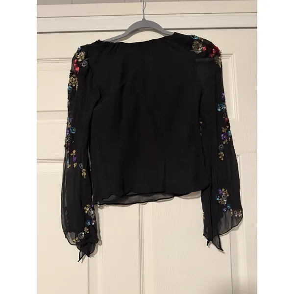 Vintage‎ Silk Y2K Floral Sequin Top Black Bell Sleeve Sheer Witchy Whimsigoth - Image 2