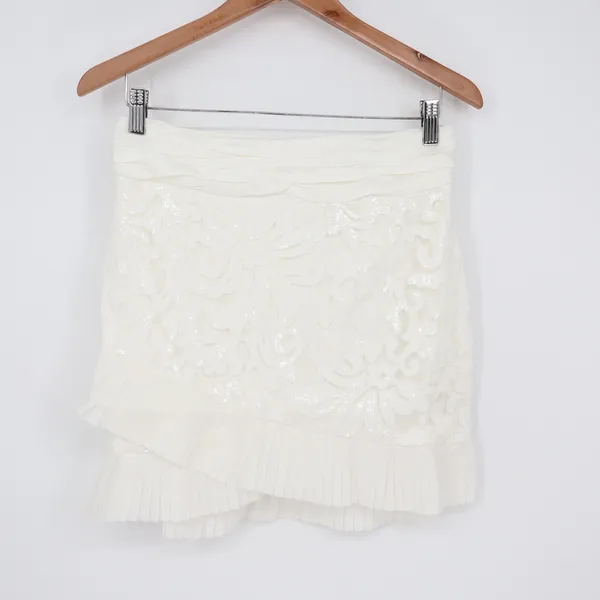 Naked Wardrobe White Sequin Floral Mini Skirt Pleated Ruffle M - Image 2