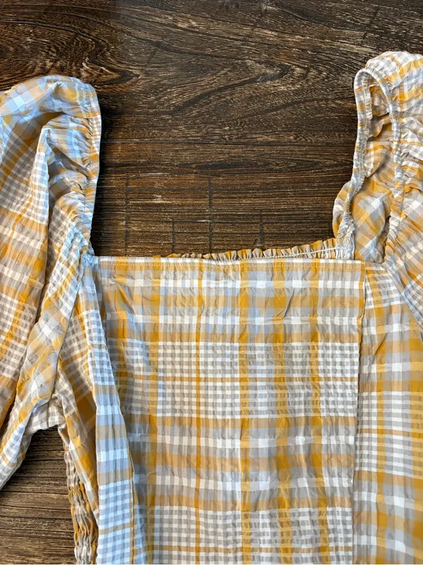 Maeve Anthropologie Plaid Square Neck Blouse Small Mustard NWT Puff Sleeve - Image 7