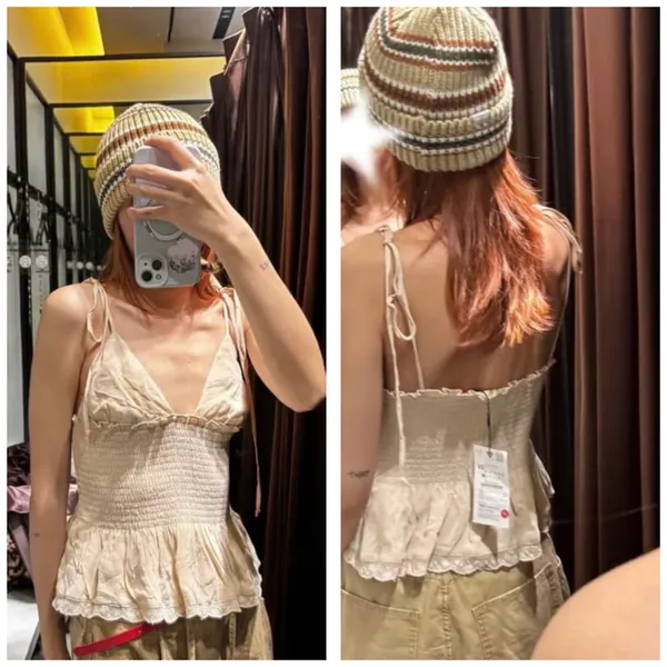 NWT Zara Tan Smocked Tie Straps Lace Trim Top Size Medium 0881/010 - Image 13