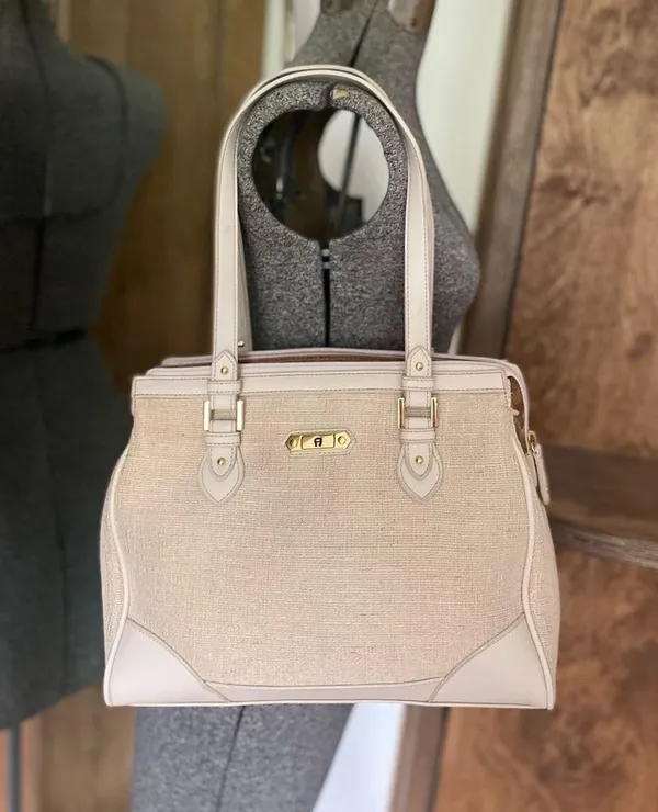 Vintage Etienne Aigner Bone leather and woven jute double handled satchel - Image 2