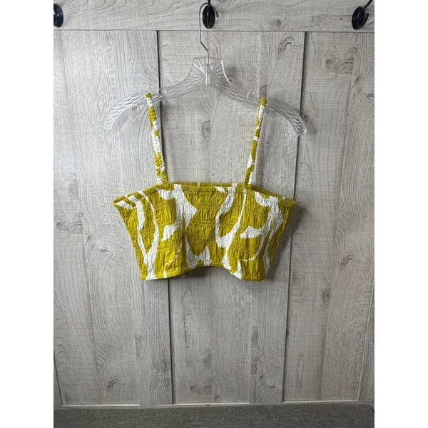 A New Day Womens Yellow & White Smocked Crop Top XL Adjustable Straps Cruise - Image 3