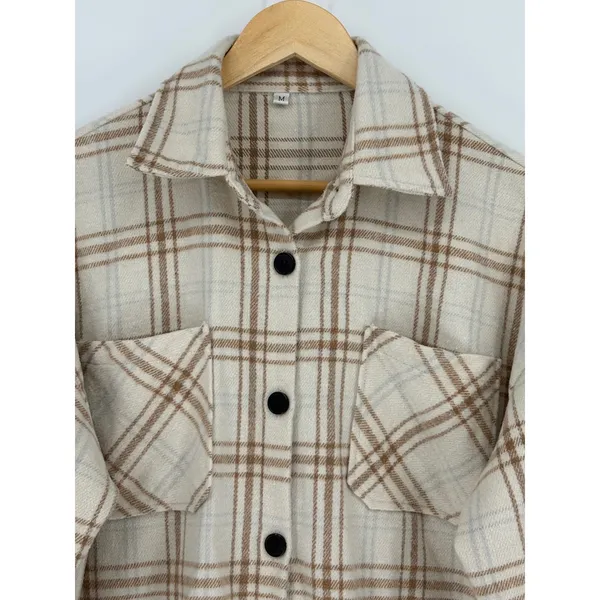Plaid Shacket Women Medium Tan Oversized Flannel Button Up Shirt Neutral Cozy - Image 3