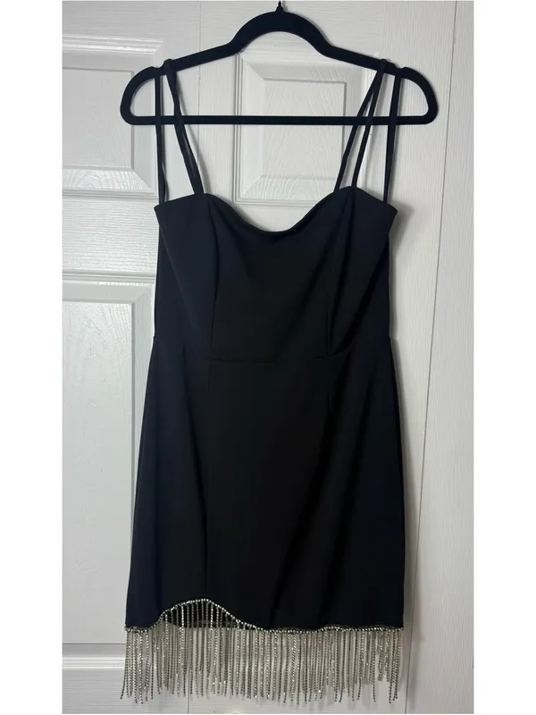 Trixxi Black Silver Rhinestone Chain Fringe Mini LBD Dress Size Large - Image 7