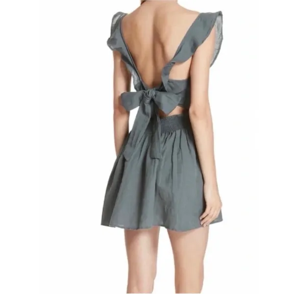 Free People‎ Mini Dress Womens Medium Grey Excellent Boho Open Back Ruffle Linen - Image 2