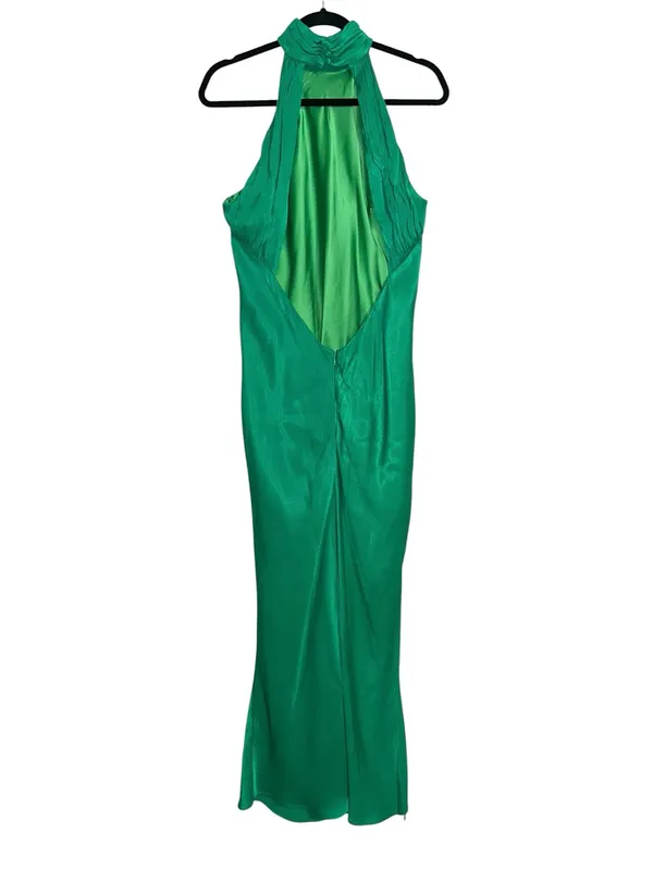 Meshki Claire Satin Halter Sleeveless Green Maxi Dress MEDIUM - Image 5
