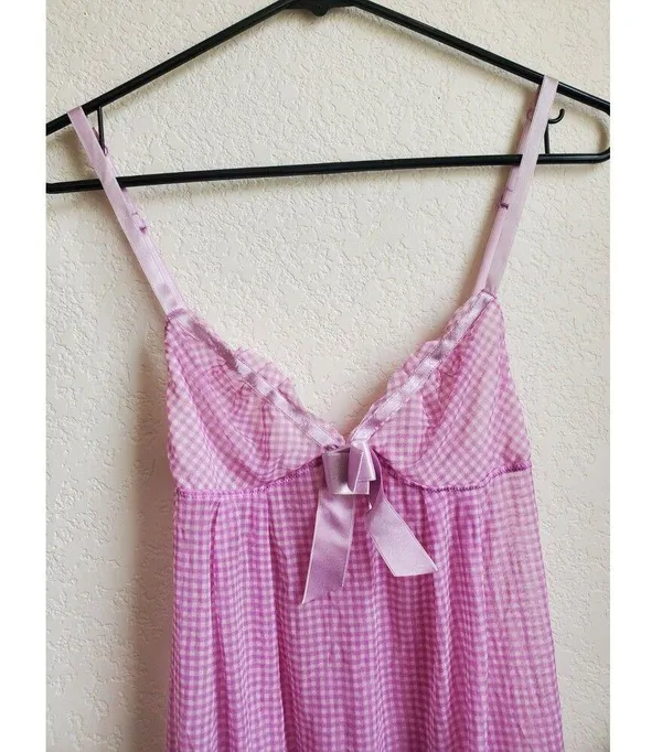 Victoria's Secret Babydoll Women Medium Bow Slip Semi Sheer Cami Pink Silky Trim - Image 2