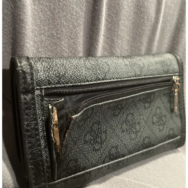 GUESS Trifold Wallet Black Charcoal Logo Pattern Canvas Snap Closure - Image 4
