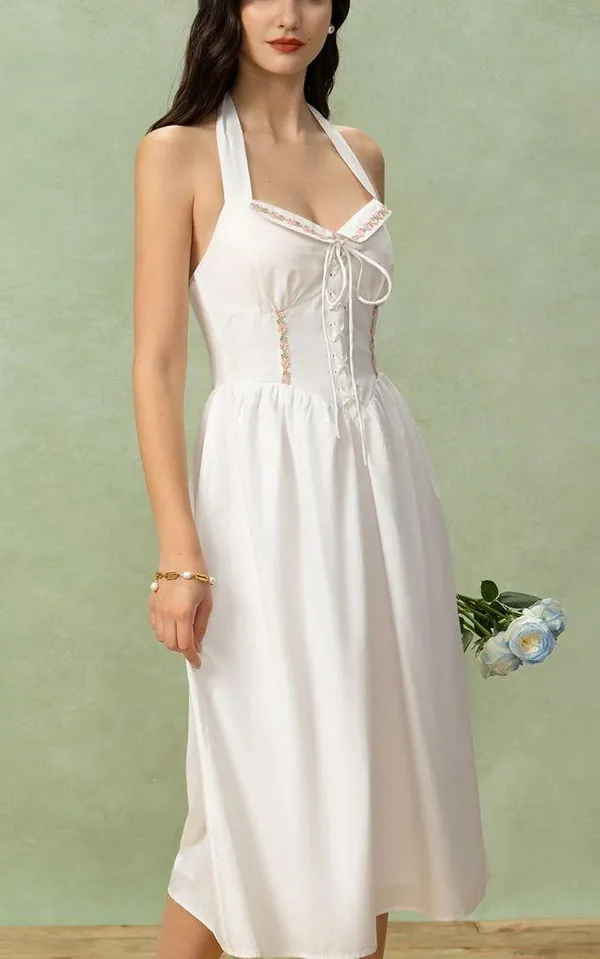 Rihoas White Embroidery A-Line Halter Midi Dress - Image 3