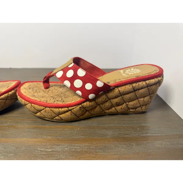 Yellow Box Red Polka Dot Cork Wedge Thong Sandals Estimated Size 7.5 - Image 2