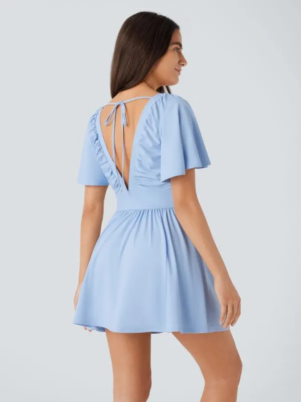 NWOT Halara Blue V Neck Tie Back Babydoll Short sleeve Dress - Image 2