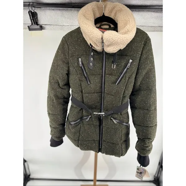 Sam Edelman Circus Women’s M Winter Jacket Faux Sherpa Collar Wool Tweed Green - Image 5