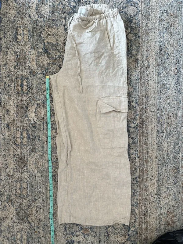 Hausen 100% Linen Wide Leg Cargo Pants Size S Beige Drawstring - Image 6