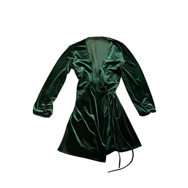 Zara Emerald Green Velvet Wrap Mini V-Neck Long Sleeve Dress SZ M Holiday Party - Image 2