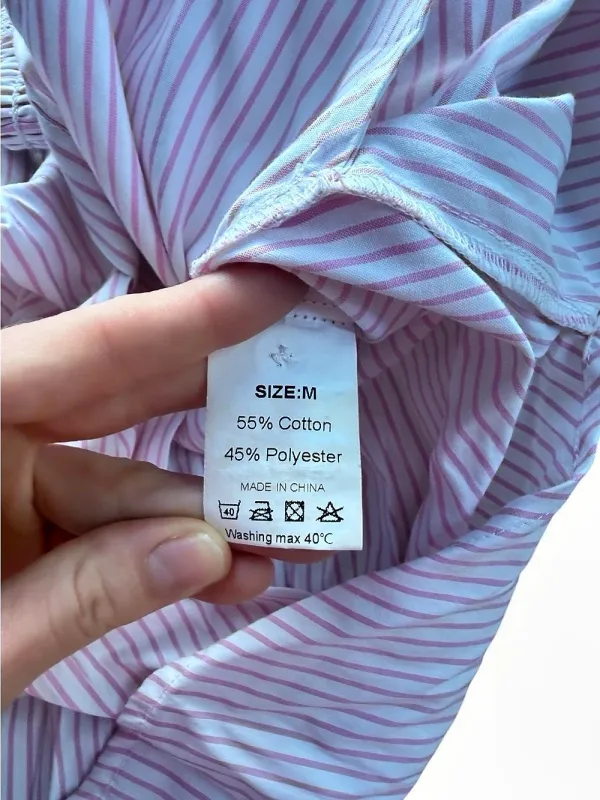 Pink White Striped Button Up Shirt Size M Smocked Cuff Long Sleeve Pocket Top - Image 6
