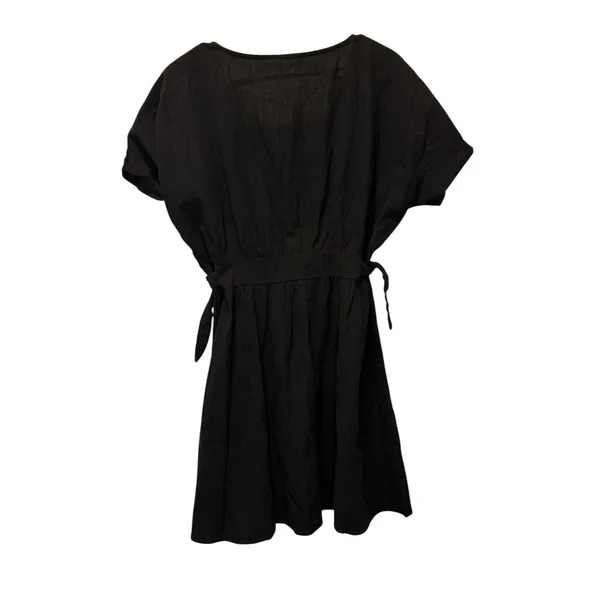 Womens Black Button Front Dress V Neck Tie Waist Short Sleeve Mini Large Classic - Image 2