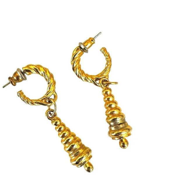 Gold tone vintage hoop drop earrings - Image 4