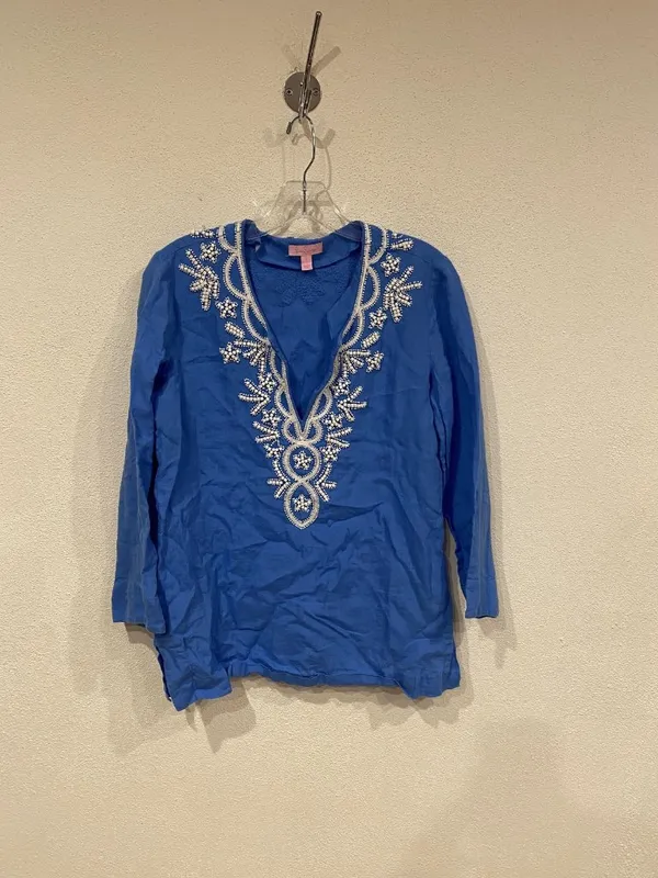 Lilly Pulitzer Amelia Island Shirt Womens Small Blue Embroidered Beaded Tunic - Image 2