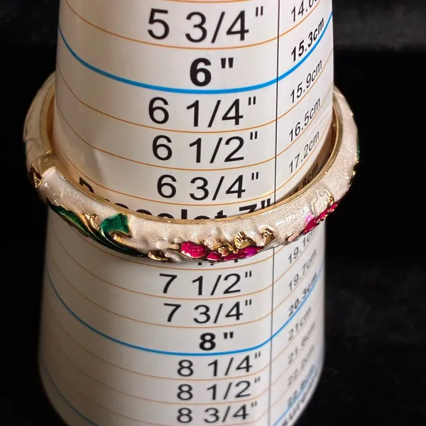 Gold tone enamel bangle bracelet with White, pink and green floral design 7” - Image 4