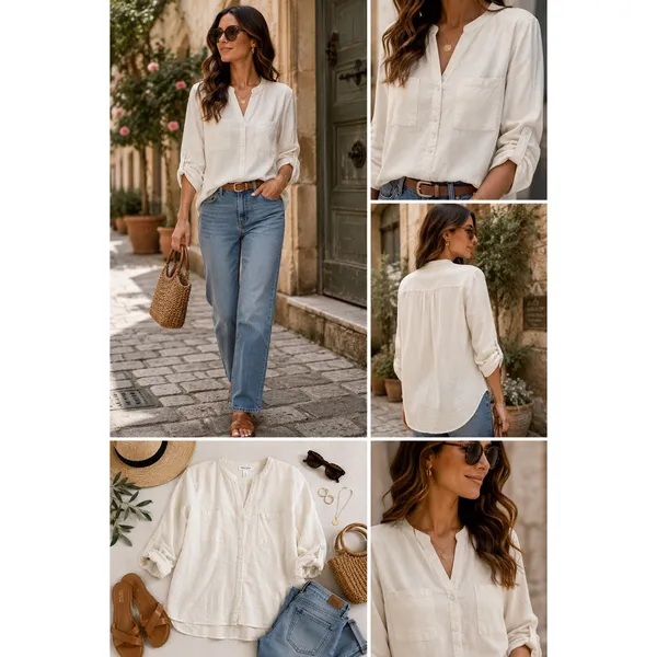 Nine West Jeans Womens Linen Blend Button Down Top Cream Long Sleeve Medium - Image 2
