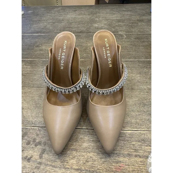 KURT GEIGER LONDON PRINCELY CAMEL LEATHER FLAT EMBELLISHED STRAP Size 38 US 7.5 - Image 2