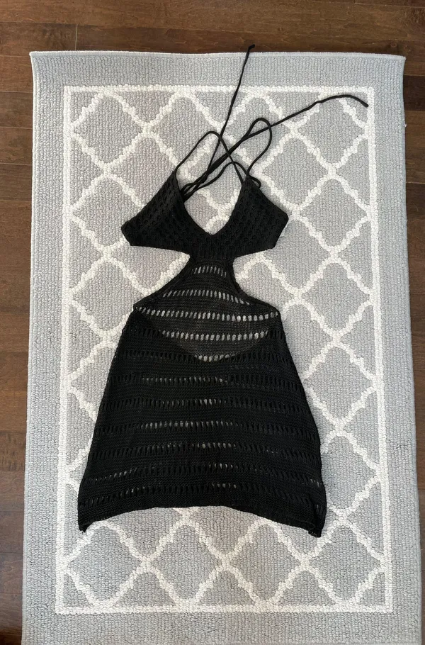 SheIn Crochet Backless Cutout Black Coverup Mini Dress - Image 4