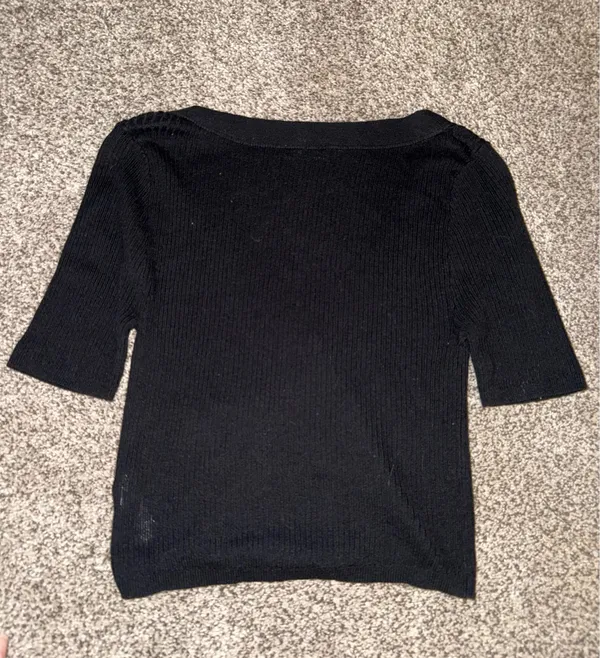 Intimately Free People Black Ribbed V-Neck Button-Front Short Sleeve Top - Image 2