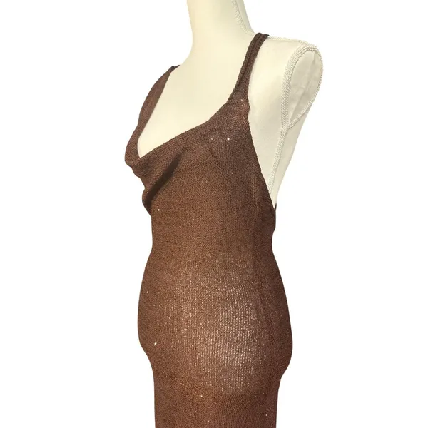 SOVERE Spark Dress in Coffee Medium New Womens Knit Crochet sequin Maxi Gown - Image 7