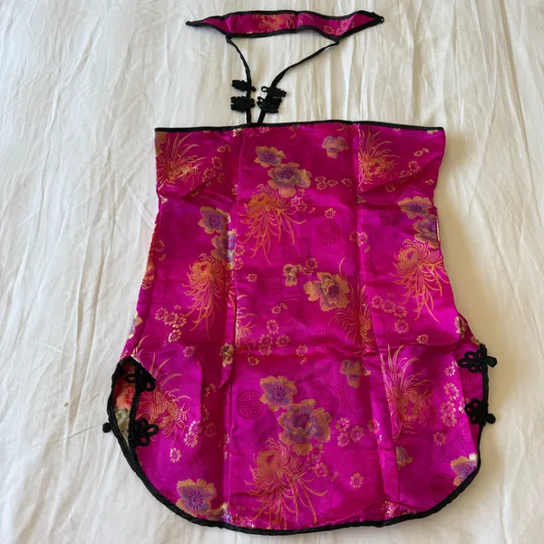 Hot Pink Satin Brocade Halter Top ✧ Chinese Cheongsam Style Lingerie Set ✧ Open Back Lace-Up ✧ XL ✧ Y2K Festival Top + Thong - Image 2