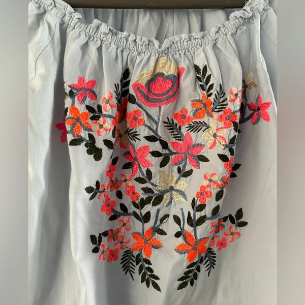 Free People Embroidered Off Shoulder Mini Dress Blue Orange Size S - Image 3