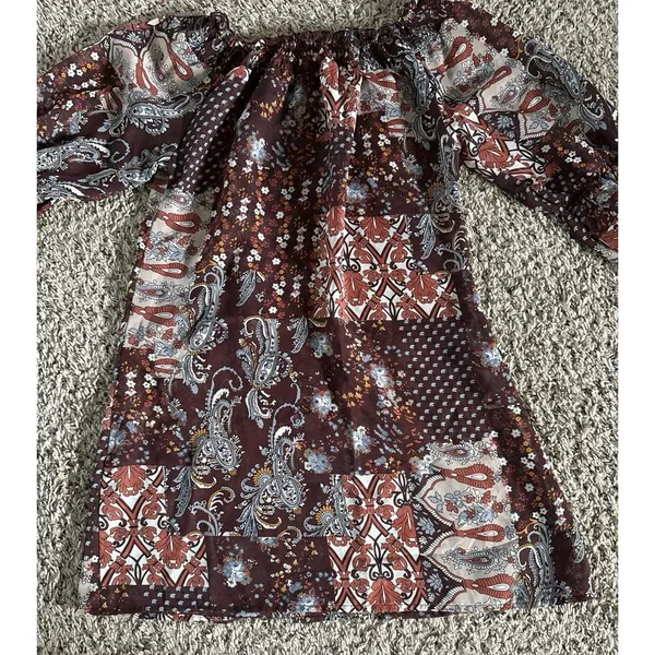 VTG Charlotte Russe Women's Boho Brown Print Sheer‎ Quarter Sleeve Dress Size S - Image 9