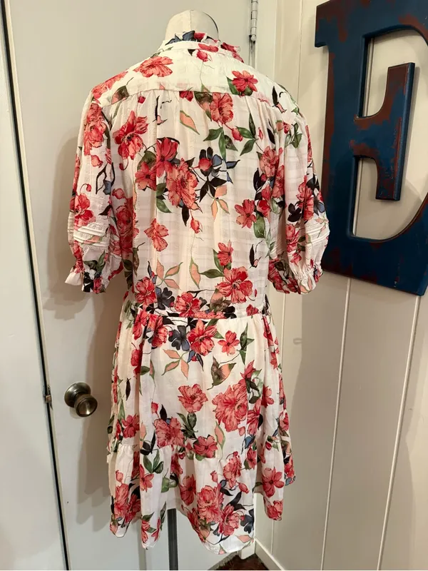 bishop + young White Dress with Pink and Green Floral Print Sz M - Image 3