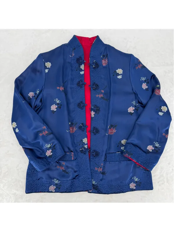 Peony Asian Kimono Jacket REVERSIBLE Blue Floral or Red Shanghai China Vintage L - Image 11